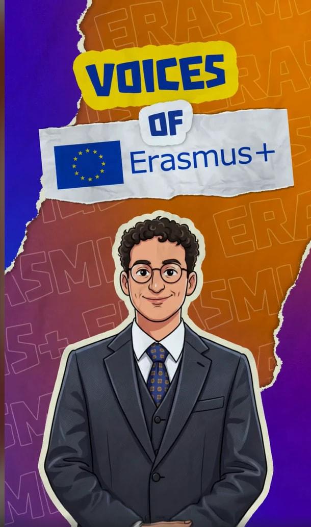 Illustration of Youssef Farouk in a suit under the title "Voices of Erasmus+" with the European flag