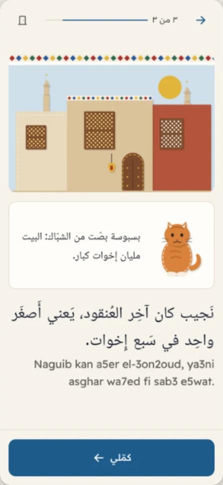 Story page with a picture of old Cairo houses, a cat with her own line, and one Egyptian Arabic line with a transliteration