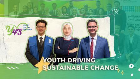 Youssef Farouk in a UNDP vest with two other Youth for Sustainability ambassadors, under the words "Youth driving sustainable change"
