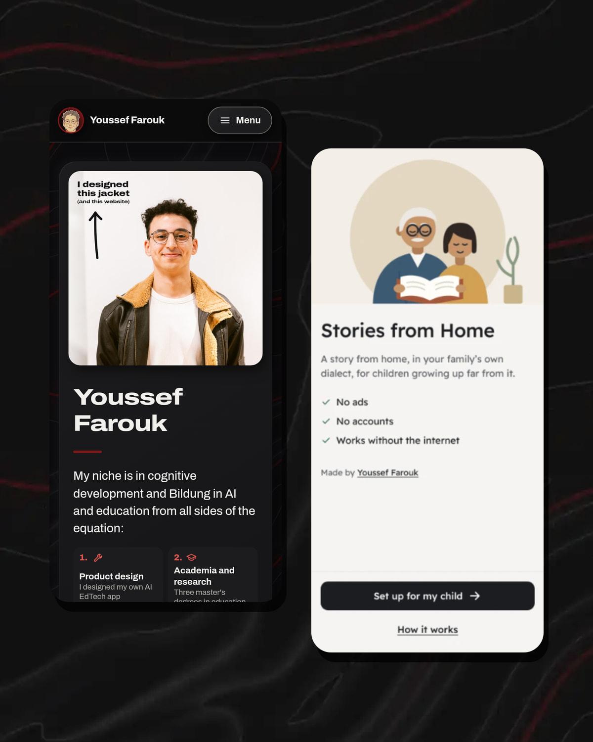 This website and the Stories from Home app, side by side on two phone screens